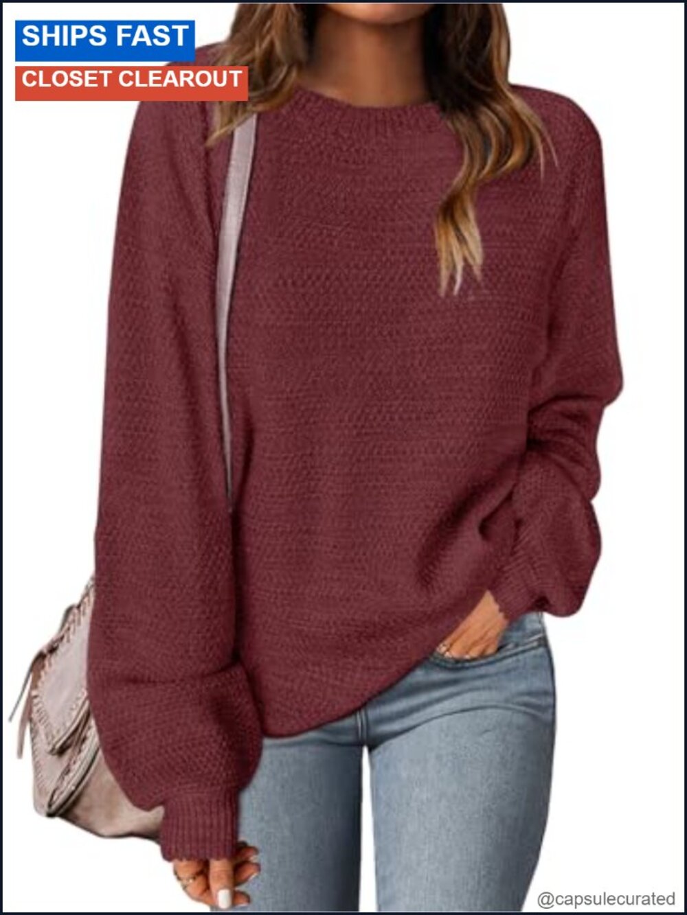 Cozy Heathered Knit Loose Pullover Sweater with Lantern Sleeves